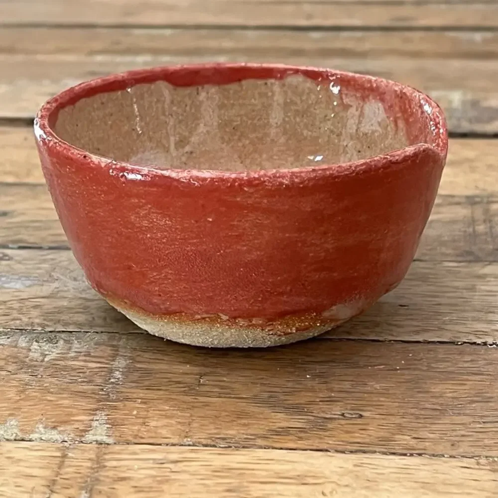 Small Stoneware Bowl Spout 3.25 in Orange Red Drip Glaze Signed Sofie